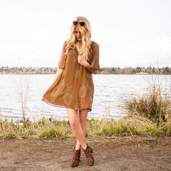 Free People Dresses & Skirts - Brown Beaded Free People Shift Dress sz Small